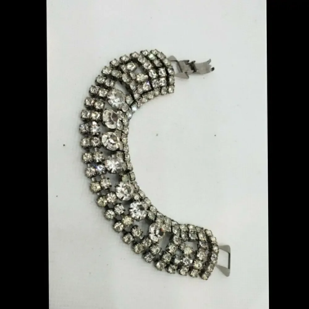 Vintage Bracelet Clear Rhinestone Chunky Wide Wedding Jewelry Juliana